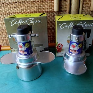 Espresso coffee makers 1 and 2 cups pair Caffè rapid I.P.A. Omegna NOS new Made in Italy 1970s