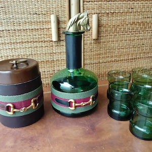 Set of glasses bottle and glass container Empoli in the manner of Gucci Made in Italy 1960s