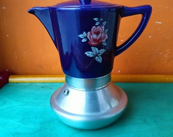 Space Age Ceramic and Aluminum 6-Cup Espresso Maker, Cobalt Decorated, Made in Italy, 1960s