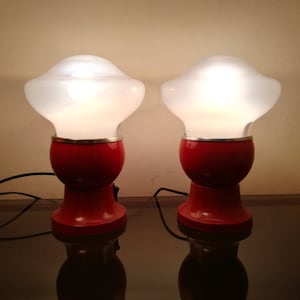 Murano mushroom lamp pair glass and red metal made in Italy 1970s