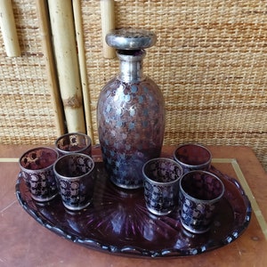 Rosolio service glasses bottles art deco glass tray covered in silver Made in Italy 1930s