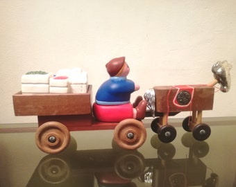 Trazo Arezzo Enzo Viviani vintage wood toy colorful numbered 111/500 cavallo carro due pezzi made in Italy 1990s