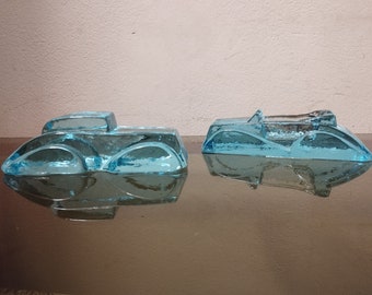 Murano Nason paperweight old Cars pair ice blue glass Made in Italy 1980s