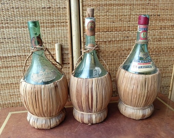 Glass and straw bottles 3 pieces Chianti wine Florence Made in Italy 1950s