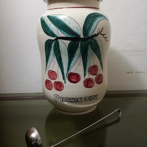 Frasco de cerámica de cereza negra Pernigotti con cuchara publicitaria auténtica Made in Italy 1970s