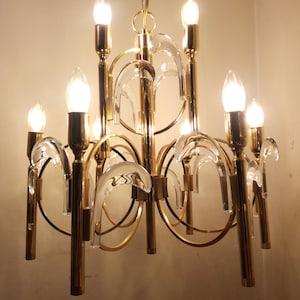 Sciolari chandelier 9 lights 18 crystal leaves gilt brass Made in Italy 1970s