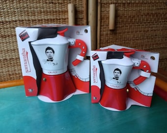 Moka Scarface 1 and 3 cup espresso coffee makers NOS new pair in lacquered aluminum vintage 2000s