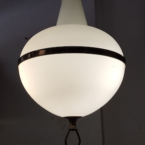 Stilnovo ceiling lamp opaline glass brass 3 lights Arredoluce Angelo Lelli vintage authentic Made in Italy 1950s