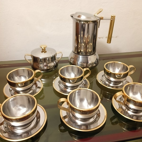 Nanni espresso coffee maker by P&B stainless steel and pure gold decorations complete service Made in Italy 1980s