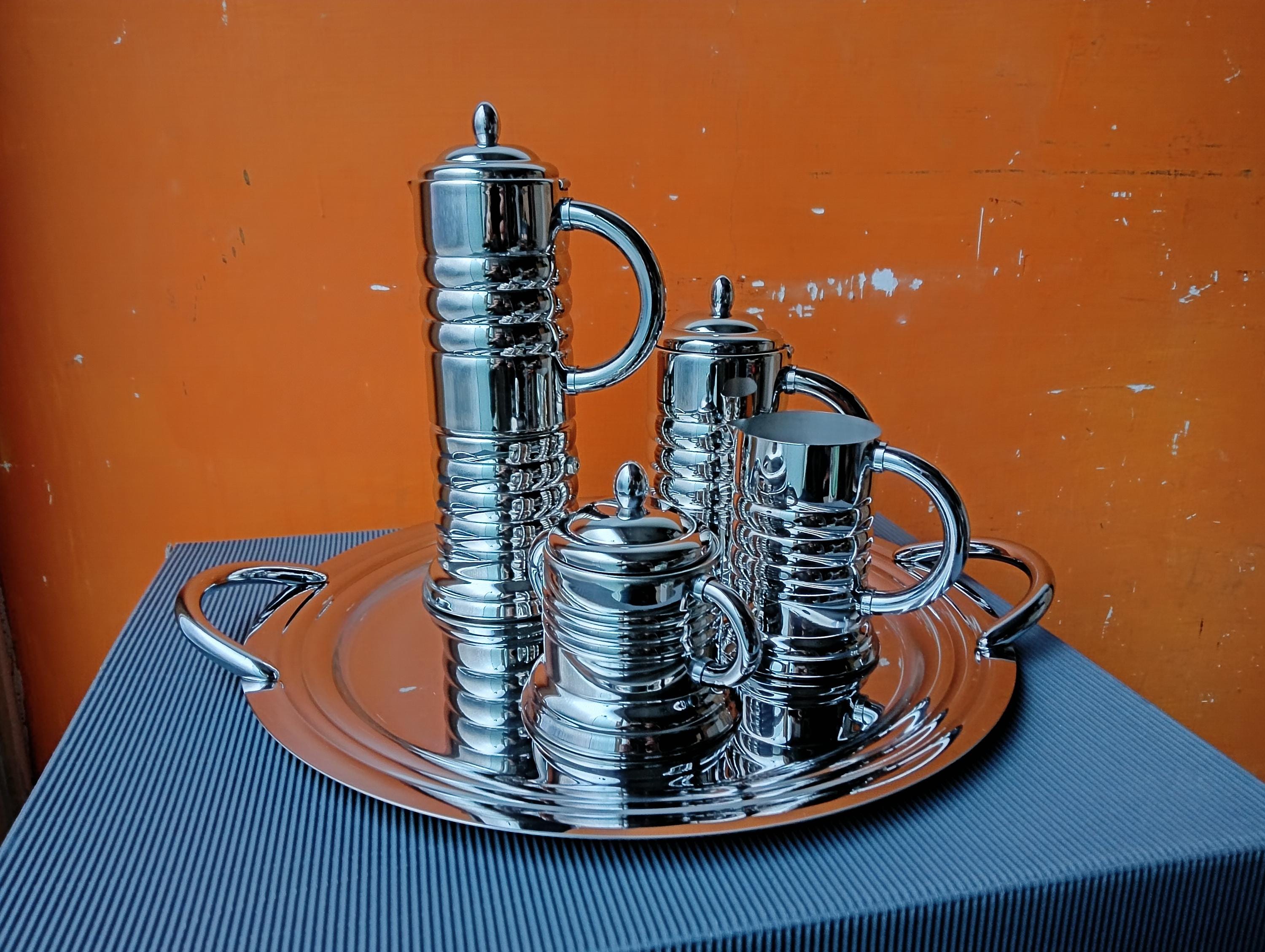 Inoxpran espresso coffee maker, 5-piece set, NOS, 18/C stainless steel, Millenium series design, Made in Italy, 1980s