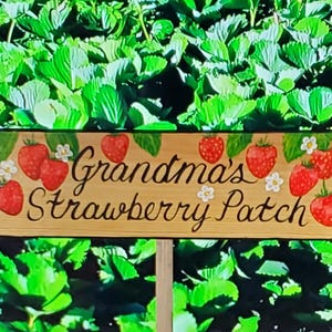 May include: A wooden sign with the text "Grandma's Strawberry Patch" painted in black. The sign is decorated with painted red strawberries and white flowers.