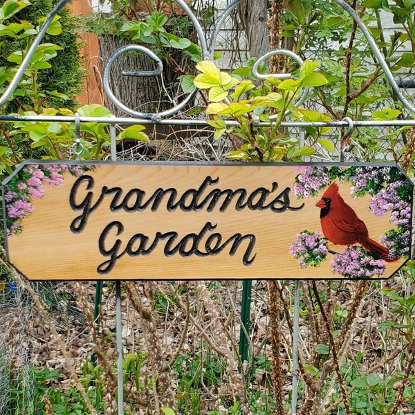 Cardinal Sign, Garden Sign with Cardinal,   Personalized garden sign, Custom garden sign, Carved wood garden sign, Cardinal custom sign