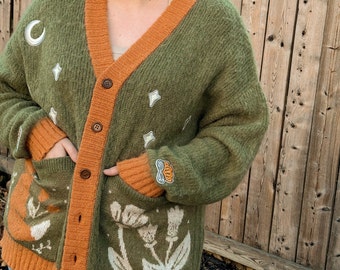 Moonlit Fox Mohair Merino Knit Cardigan | Fox Cardigan | Green and Orange Cardigan