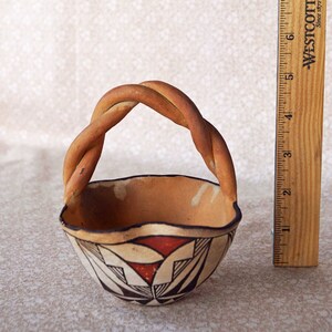 Unusual ACOMA or possibly HOPI Pottery BASKET/Bowl: Rare Polychrome American Indian  – Great Designs Over Entire Vintage Stoneware (1970’s)