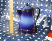 Vintage ENAMELWARE COFFEE POT - 1940 39 s Era Kitchen Ware Two Tone Blue - White and Black Interior and Handle -Heavy Old Cooking Enamel Ware