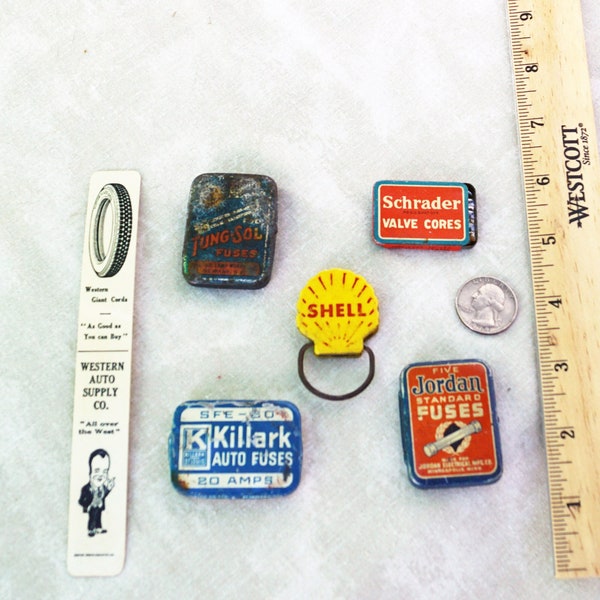 6 VINTAGE AUTO COLLECTIBLES: Fuse & Valve Core Tins, Shell Gas Key Fob, Western Auto Supply Ruler-Original Products in 3 Tins (Mid 1900’s)