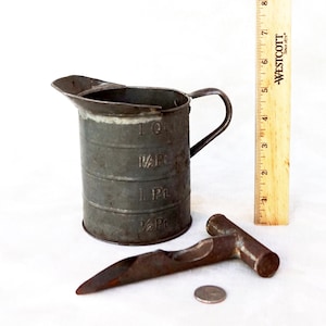 TIN MEASURER and CORER…..Old Measuring Pour Cup with Spout and Primitive Tin Apple Corer – Early 1900’s with Rust but no Major Defects.