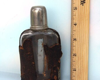 Early to Mid 1900's WHISKEY FLASK with Cup CAP and Leather to Protect the Glass - Man's Pocket Flask for Liquor and Other "Spirits."
