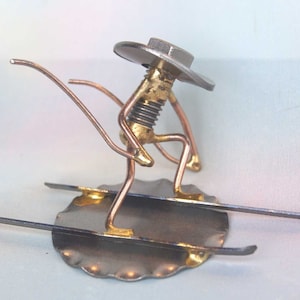 Welded NUT and BOLT Cowgirl or Cowboy SKIER - Winter Sports Collectible  Soldered Sculpture - Miniature Metal Western Folk Art