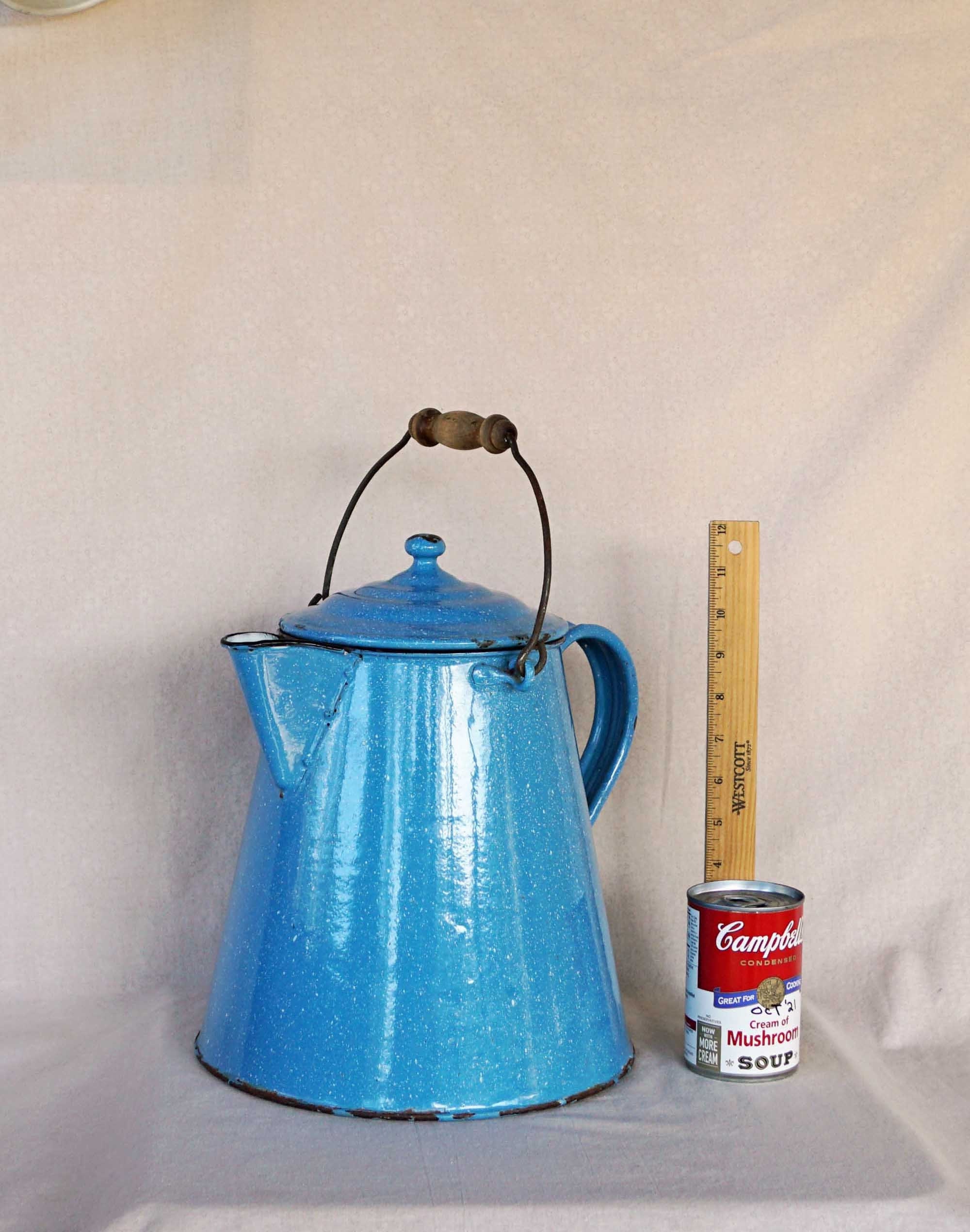 Vintage Small 9 Enamel Granite Ware Campfire Coffee Pot Boiler Blue  Speckled