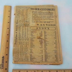 May include: A vintage catalog page with a list of items and prices. The page is titled "To Our Customers" and includes an index of items with prices listed next to them. The catalog is from W. & H. Walker.