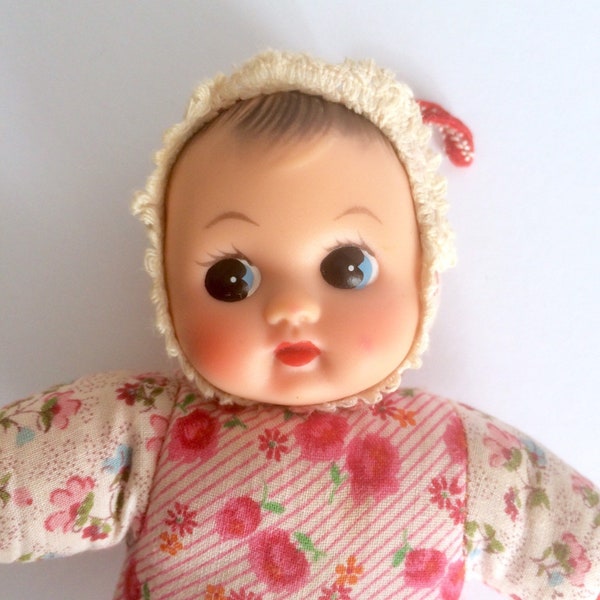 Vintage Patterned Cloth Bodied Baby Doll with Plastic Face & Squeaker