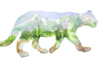 Cougar Animal-scape gift card, Watercolor painting printed on 5x7 quality card stock. Comes with a white envelope in a clear sheathe.