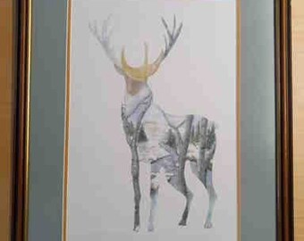Framed Stag scape print 12.5x17.5" Double matted in beveled 17x21" frame.