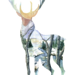 Hirsch, Tier-Landschaft original Aquarell gedruckt auf einem 5 x 7 Geschenkkarte.