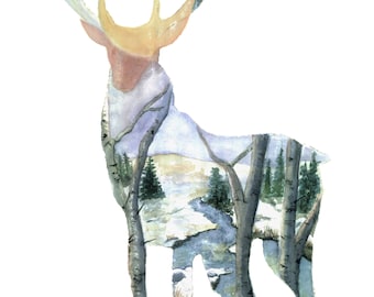 Stag, Animal-scape original watercolor painting printed on a 5x7 gift card.