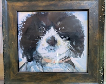 Watercolor painting of a cute dog. Framed print ready to hang. "Curly"