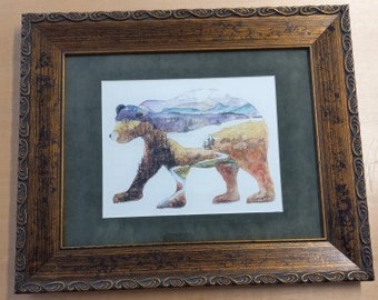 Framed "Bear scape #3" an 8x10" print in a 15x18 ornate wooden frame with a velvet mat.
