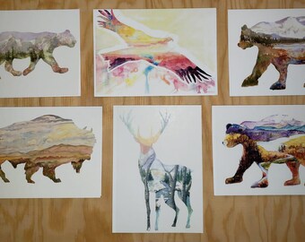 Set of 6 Animal scape 5x7" cards printed Watercolor paintings. with envelopes.