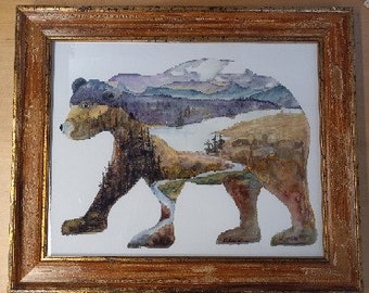 Framed "Bear scape #3" print 22x17" beveled distessed rustic style frame.