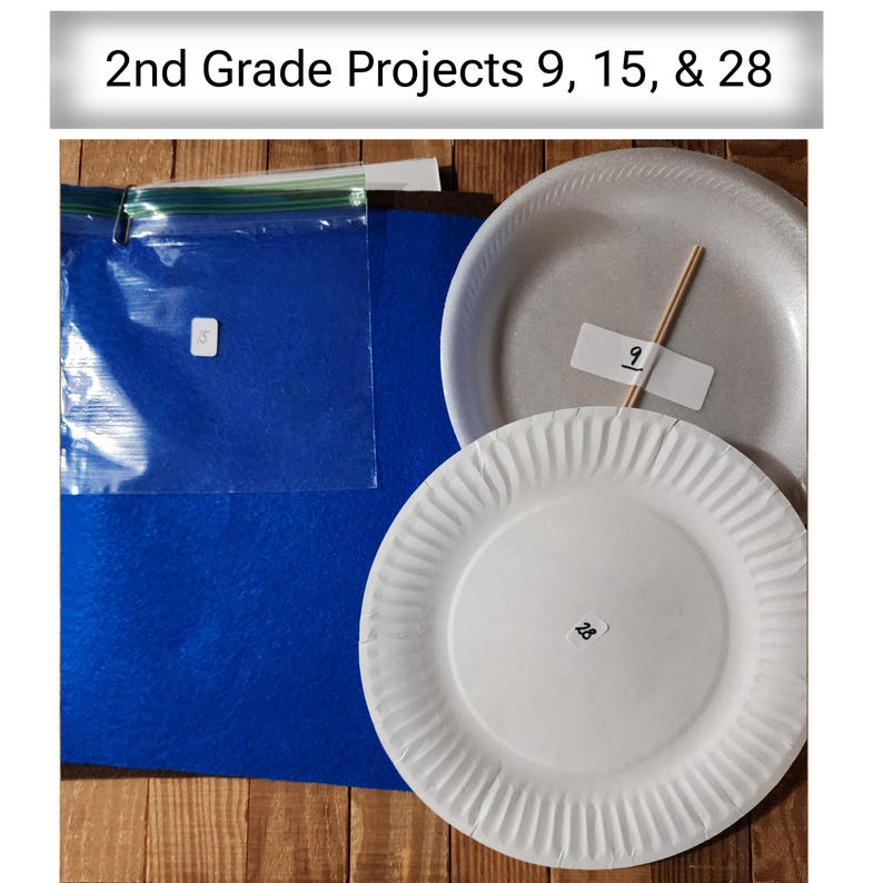 Może przedstawiać: Obraz przedstawiający materiały do projekt&oacute;w dla 2 klasy. Zawiera niebieski arkusz filcu, przezroczystą plastikową torbę, dwa papierowe talerze i drewnianą szpilkę. Tekst "2nd Grade Projects 9, 15, & 28" znajduje się na g&oacute;rze.