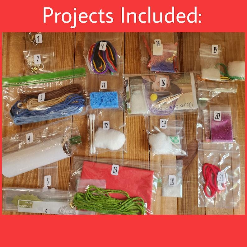 May include: A collection of craft supplies organized in individual clear plastic bags, each labeled with a numbered white tag from 1 to 21. The items include various colored yarns, cotton swabs, sponges, fabric pieces, glitter, and small tools.