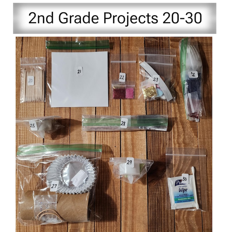 Może przedstawiać: Zestaw projekt&oacute;w dla 2 klasy, o numerach 20-30, w przezroczystych plastikowych woreczkach. Obraz zawiera r&oacute;żne materiały rzemieślnicze, takie jak brokat, papier i chusteczki. Tekst "2nd Grade Projects 20-30" znajduje się na g&oacute;rze.