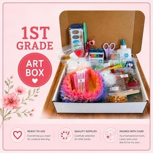 May include: A cardboard box filled with various art supplies including a watercolor set, crayons, glue, and assorted craft materials in clear plastic bags. The box features text reading 1ST GRADE ART BOX and includes icons for ready to use supplies.