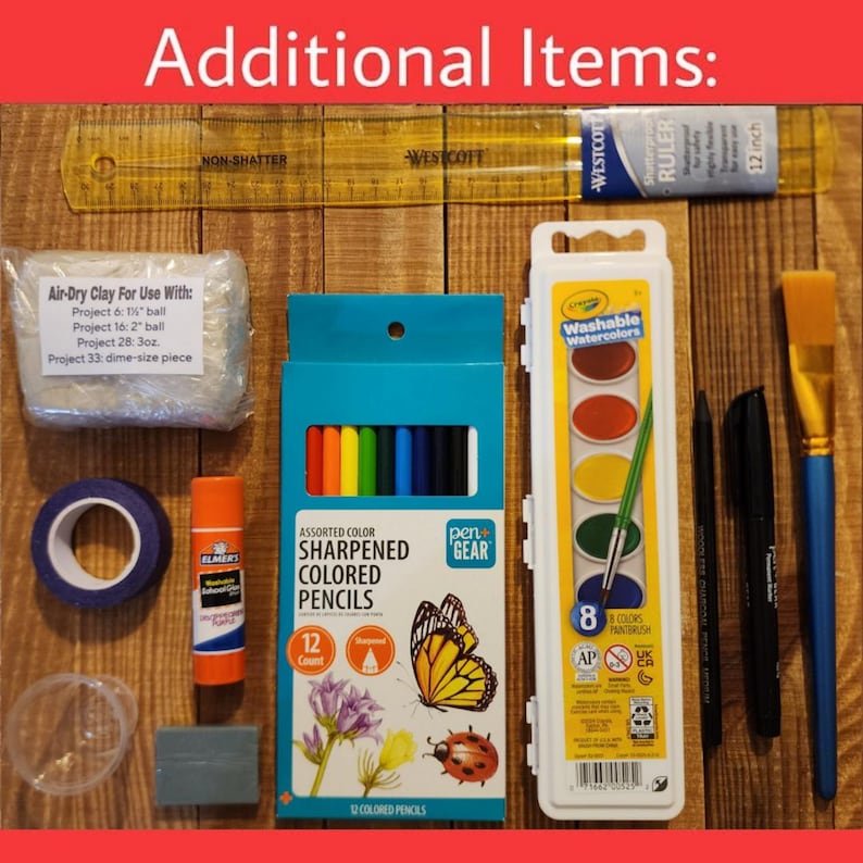 May include: A collection of art supplies including a 12-inch yellow ruler, a package of air-dry clay, a roll of purple tape, an Elmer's glue stick, a gray eraser, a box of 12 Pen+Gear colored pencils, a Crayola watercolor set, two black markers, and a paintbrush.