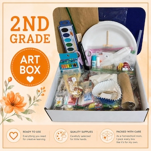 May include: A 2nd Grade Art Box containing various craft supplies including a watercolor paint set, a box of crayons, a white paper plate, a cardboard tube, and numerous small plastic bags filled with assorted beads, sequins, and craft materials.