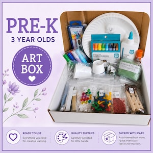 May include: A cardboard box containing art supplies for children, including a watercolor set, jumbo crayons, white paper plates, school glue, modeling dough, and various small craft items in labeled plastic bags. Text reads PRE-K 3 YEAR OLDS ART BOX.