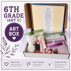 May include: A 6th Grade Art C art box containing various craft supplies in clear plastic bags, including white yarn, pipe cleaners, felt pieces, and paper cutouts. A folder with a printed list of contents is included inside the white cardboard box.