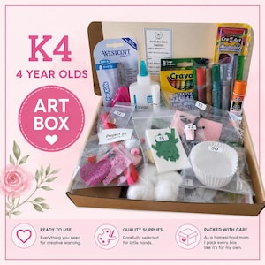 May include: A cardboard box containing an art supply kit for children labeled K4 4 YEAR OLDS ART BOX. The kit includes Westcott scissors, white school glue, Crayola crayons, washable watercolors, a glue stick, and various numbered plastic bags.