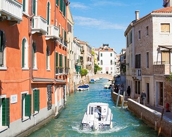 Venice Canal with boat, Venetian buildings, Venice, Italy, Photo, Fine Art Photography, Archival Photo Print