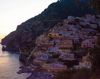 Costa de Amalfi al atardecer, Italia, Positano, Amalfi, Fotografía de Bellas Artes, Impresión fotográfica de archivo