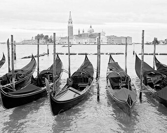 Venice Grand Canal at dawn, Gondolas, Sunrise, Venice, Italy, Fine Art Photography, Black and White, Archival Photo Print