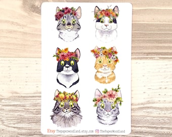 Cat Planner Stickers Cute Cat Flower Stickers Happy Planner Accessories Erin Condrin Bullet Journal Sticker Animal Sticker Cat lover Gift