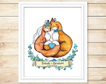 Wedding Gift, Custom Couple Portrait, Watercolor Illustrated Portrait, Fox Print