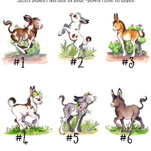 May include: Six watercolor illustrations of cute donkey foals. Each donkey is numbered 1 through 6. The donkeys are in various poses and have different markings. The background is a watercolor wash of green and brown.