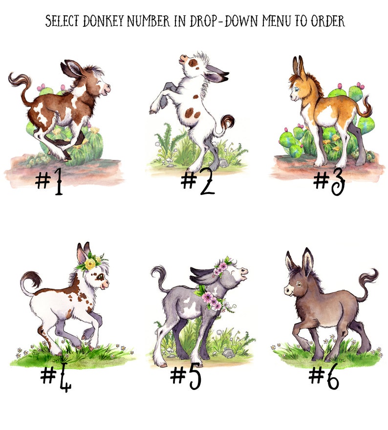 May include: Six watercolor illustrations of cute donkey foals. Each donkey is numbered 1 through 6. The donkeys are in various poses and have different markings. The background is a watercolor wash of green and brown.